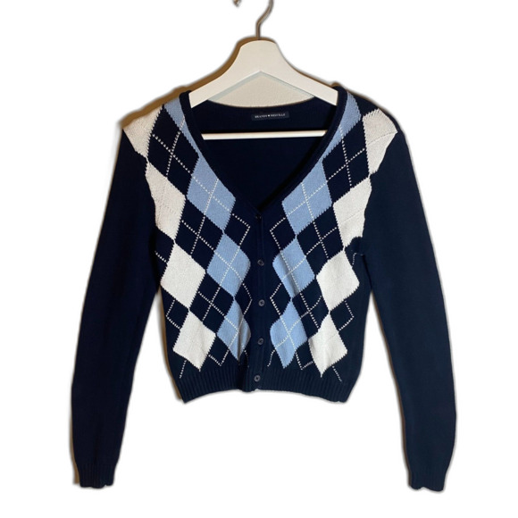 Brandy Millville Cardigan Sweater Women's Size M Blue Argyle Classic Minimalist - Picture 2 of 6